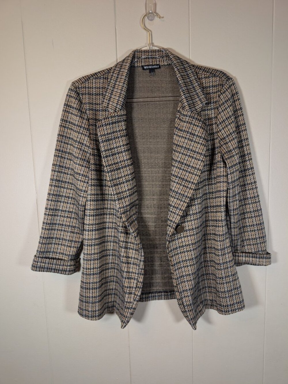 PLAID Longline Blazer Women L Glen Check Houndstooth 3/4 Sleeve Academia